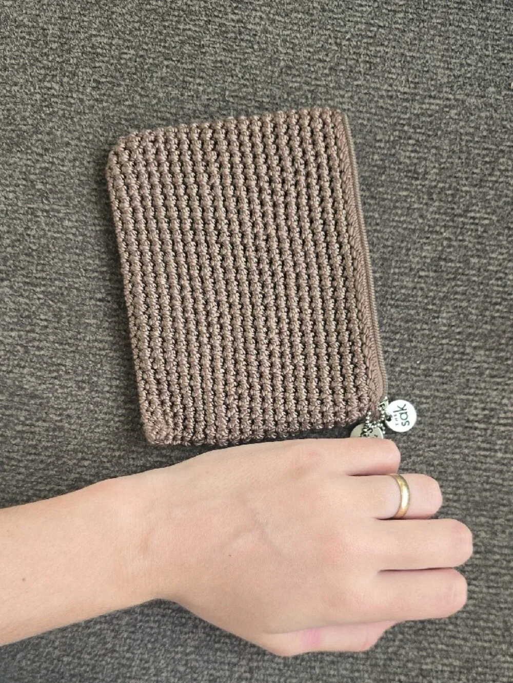 The Sak Crochet Zip Pouch in Brown